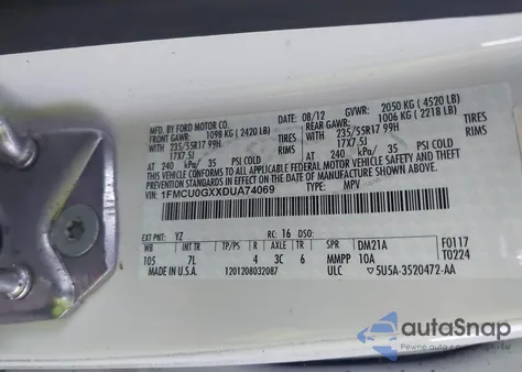 2013 Ford Escape Se z USA, uszkodzony, nr VIN 1FMCU0GXXDUA74069